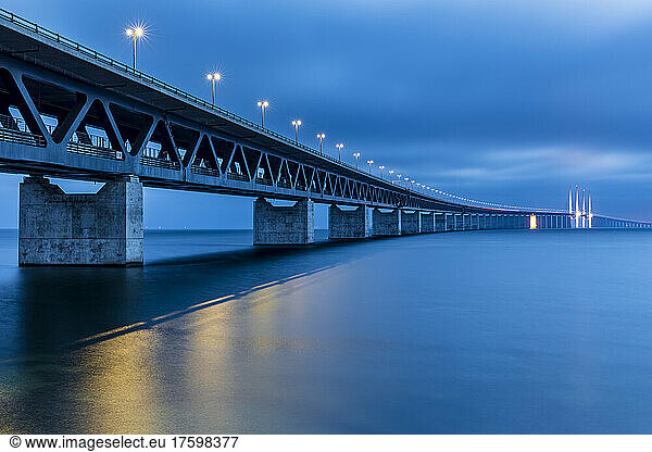 Long exposure ofÂ Oresund Bridge at dusk
