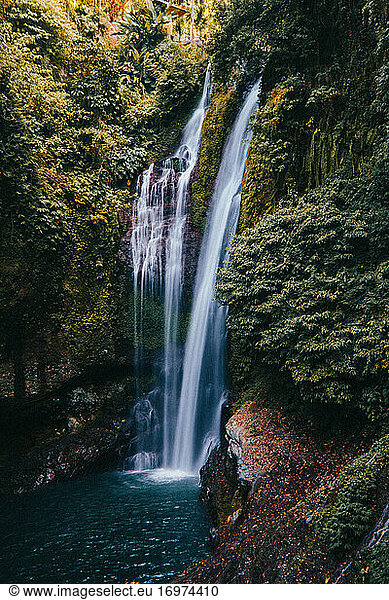 Long exposure of waterfall in rainforest on Bali.