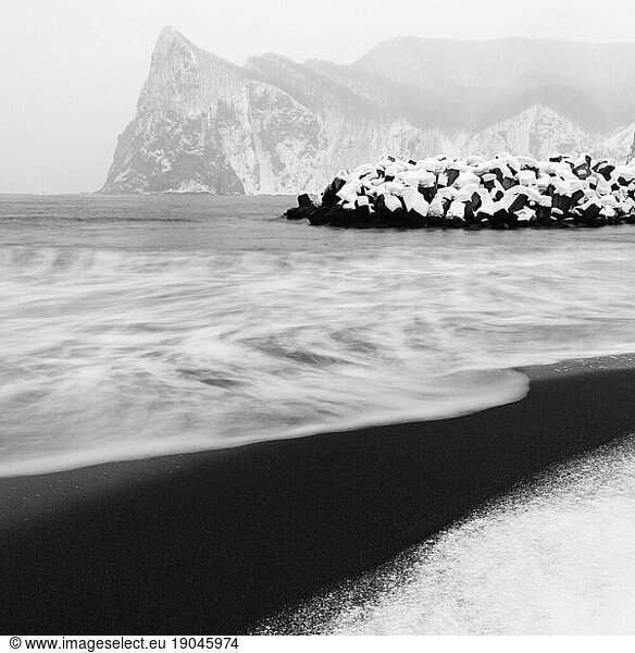 Long exposure shot of tetrapods in the winter sea  Yoichi  Hokkaido  Japan