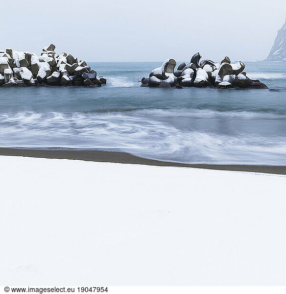 Long exposure shot of tetrapods in the winter sea  Yoichi  Hokkaido  Japan