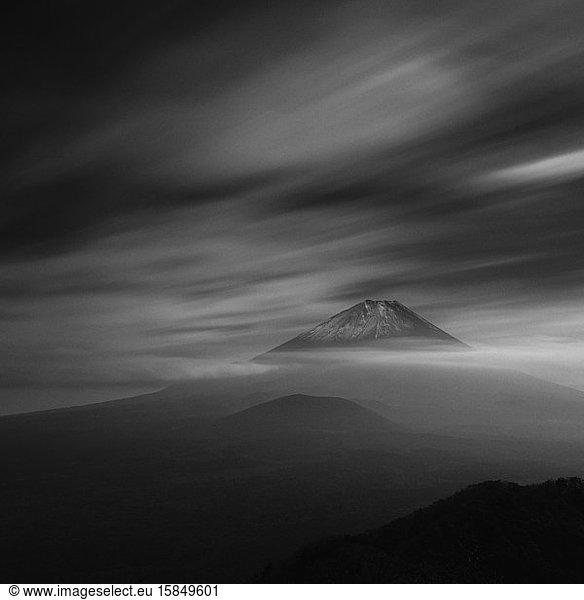 Long exposure view of clouds over Mount Fuji  Yamanashi Prefecture  Japan