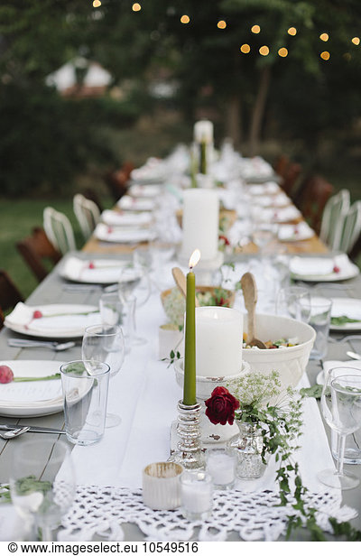 Long table set with plates and glasses  food and drink in a garden.
