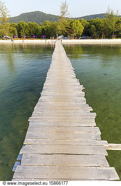 Long wooden dock leading out to the water from Starfish Beach; Phu Quoc  Kien Giang Province  Vietnam