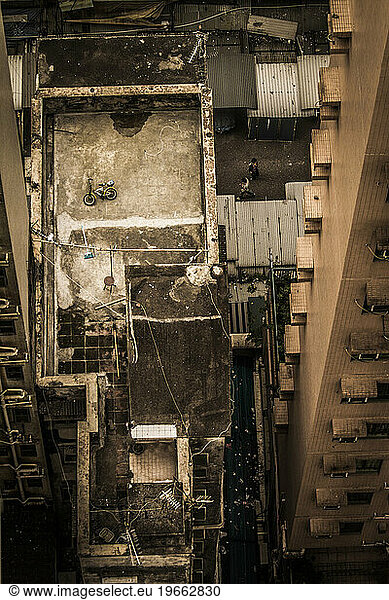 Looking down at an apartment rooftop