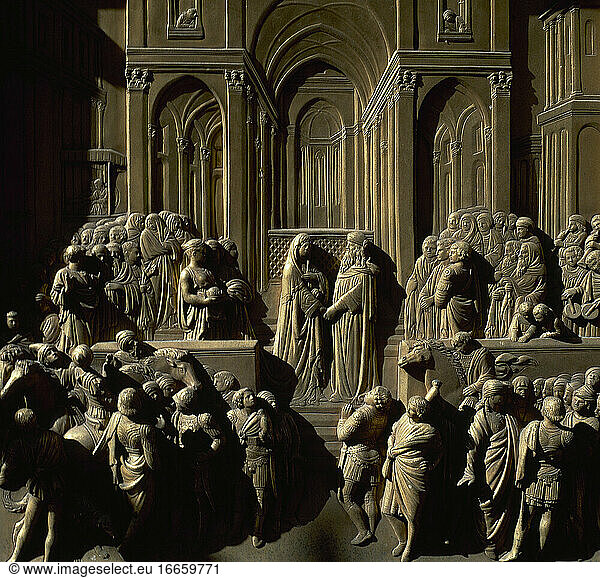 Lorenzo Ghiberti (1378-1455). Italienischer Künstler. Das Tor zum Paradies. Baptisterium. Detail Tür. Treffen von Salomon und der Königin von Saba. 1425-52. Florenz. Italien.