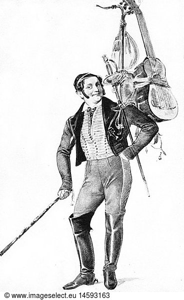 Lortzing  Albert  23.10.1801 - 21.01.1851  dt. Komponist  Ganzfigur  in der Rolle 'Der Reisende Student'  zeitgenÃ¶ssischer Stich  19 Jahrhundert