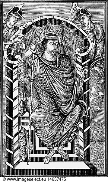 Lothar I.  795 - 29.9.855  frÃ¤nk. KÃ¶nig und rÃ¶m. Kaiser 823 - 855  auf dem Thron sitzend  Miniatur  Evangeliar  Tours 849/851  Xylografie  19. Jahrhundert
