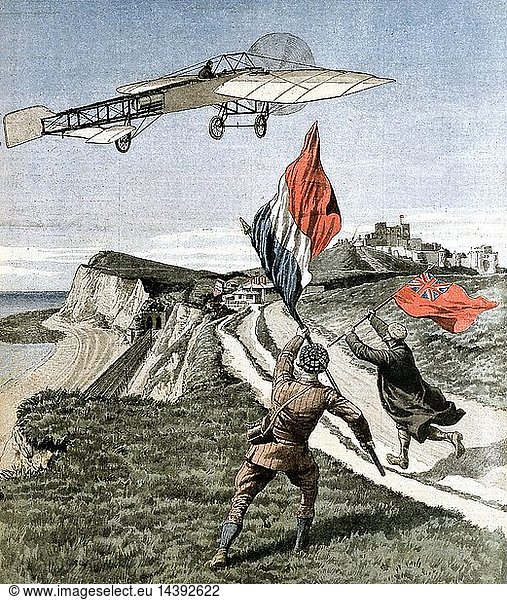 Louis Bleriot (1872-1936)  French aviator  flying over the cliffs at Dover after crossing the English Channel from Les Boraques near Calais  France  in his monoplane Bleriot XI on 25 July 1909. Illustration from French "Le Petit Journal"  Paris  8 August 1901.