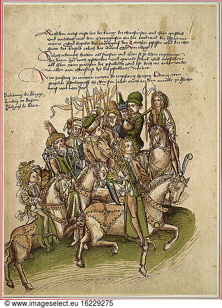 Louis III. Prince elector of the Pfalz: 1378–1436.– Departure of Louis III. to his investiture accompanied by riders carrying banners and musicians –(Council of Constance 1414–18)Illuminated manuscript  2nd half 15thC.Illustration fr. the Council Chronicle of Ulrich of Riechental. Ms. 1  fol. 75 v Konstanz  Rosgartenmuseum.