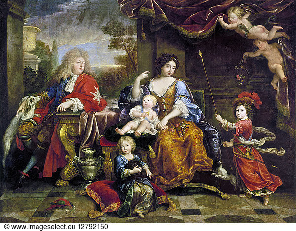 LOUIS LE GRAND DAUPHIN (1661-1711). Eldest son and heir of King Louis XIV of France with his wife and children. Louis  the Duc de Bourgogne  is standing at right; Philippe  the duc d'Anjou and future Philip V of Spain  is seated with a dog; and the youngest  Charles  the duc de Berry  is seated beside his mother. Oil painting by Pierre Mignard  1687.