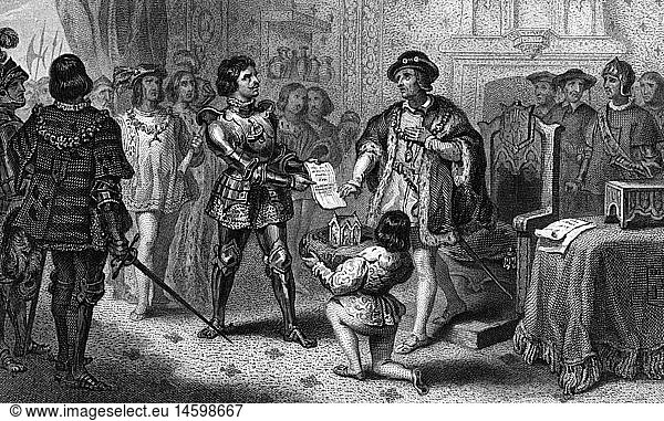 Louis XI 'the Prudent'  3.7.1423 - 30.8.1483  King of France 22.7.1461 - 30.8.1483  treaty of Peronne with Duke Charles 'the Bold' of Bugundy  1468  steel engraving by Colin after Thomas  19th century