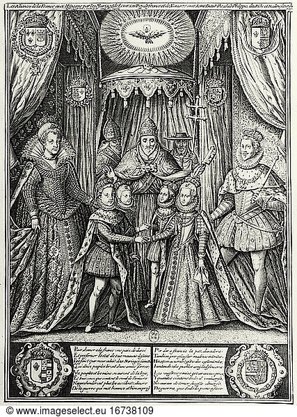 Louis XIII  King of France (1610–43)  1601–1643.“Les Alliances de la France avec l’Espagne (..) (Louis XIII’s double wedding with Anna of Austria and Philip IV of Spain with Isabella of Bourbon  on the left Maria of Medici  on the right Philip III of Spain  on the back Pope Paul V.)Copper engraving  anonymous  contemporary.Paris  Bibliothèque Nationale.