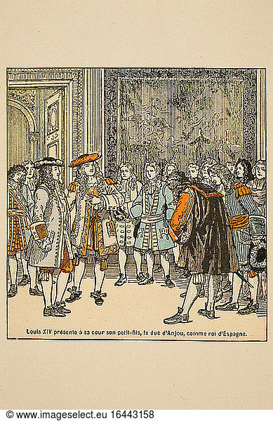 Louis XIV  King of France (1643–1715)  1638–1715.“LOUIS XIV (Suite et fin) / LA POLITIQUE EXTÉRIEURE ET LES GUERRES (1667–1715) “ (Louis XIV (continuation and end) / Foreign policy and wars (1667–1715)  detail: LOUIS XIV présente à sa cour son (Louis XIV proclaims his grandson Philipp  the Duke of Anjou to King Philip V of Spain  16.11.1700).Color print in five colors after drawing by Jos. Girard.From: Gustave Gautherot  Histoire de France  Tome I Paris (Maison de la Bonne Press)  1934.
