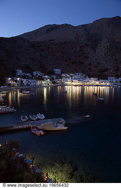 Loutro harbor and restaurants at nght. South Crete  Greece