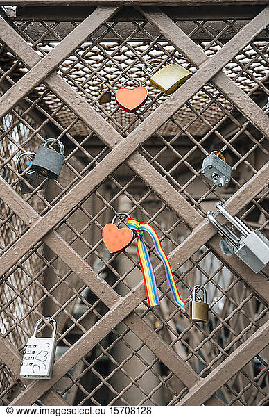 Love locks on Brooklyn Bridge, NYC, USA