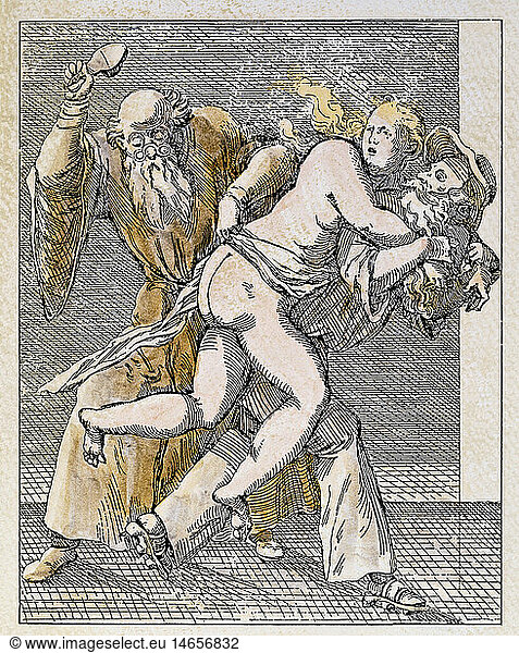 love  sex and eroticism  adultery  punishment for unfaithfulness  copper engraving  coloured  Italy  mid 16th century  private collection  women  men  marriage  morals  morality  graphic  graphics  matrimony  cheating  punishing  man  hitting  slapping  woman  naked  lover  wife  husband  shoe  historic  historical  beating  people  female  male
