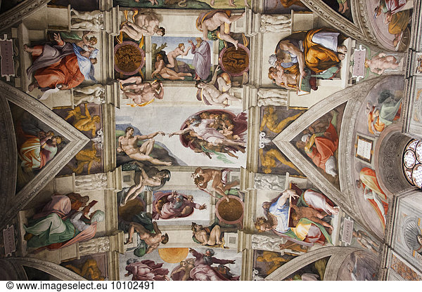 Low angle interior view of Michelangelo's ceiling in the Sistine Chapel in Vatican City  Rome.