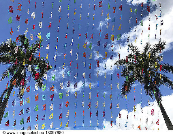 Low angle view of colorful textile decorations hanging by coconut palm trees against cloudy sky