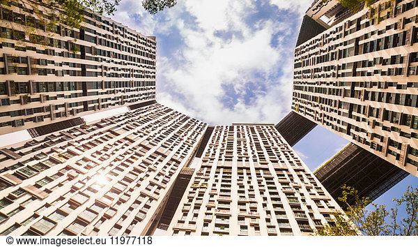 Low angle view of modern apartment blocks  Singapore  South East Asia