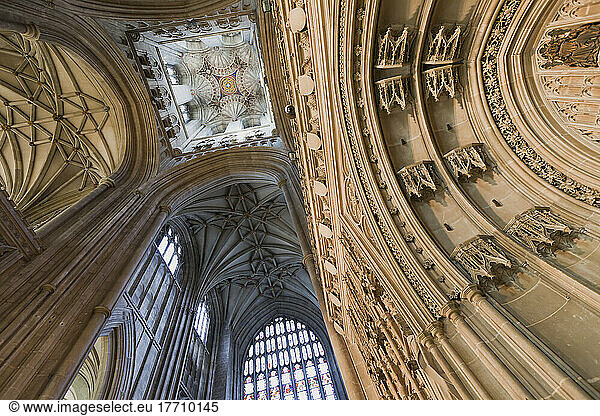 Low Angle View Of The Ceiling Inside Canterbury Cathedral; Canterbury  Kent  England