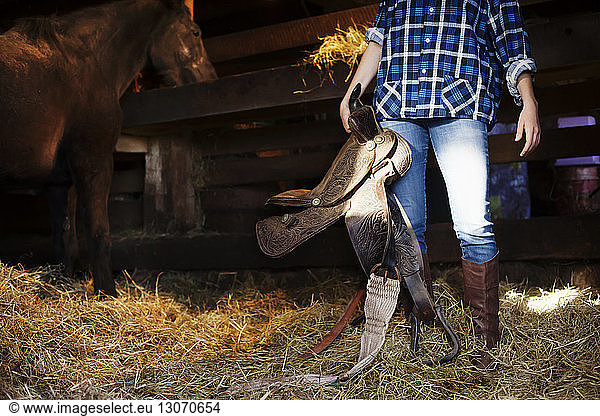 Low section of woman holding saddle while standing by horse in stable