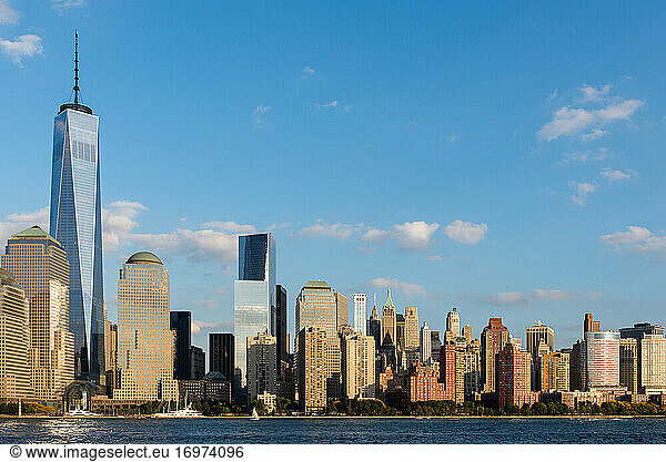 Lower Manhattan skyline at sunset in NYC  USA