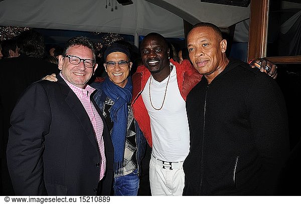 Lucian Grainge  Chairman & CEO of Universal Music Group  Jimmy Iovine  Chairman of Interscope-Geffen-A&M  Akon and Dr. Dre attend the Universal Music Group Chairman & CEO Lucian Grainge's annual Grammy Awards viewing party on February 10  2013 in Brentwood  California.