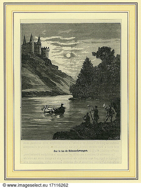 Ludwig II 
King of Bavaria  1845–1886. “Sur le lac de Hohenschwangau . (King’s nightly boat ride with music accompaniment).
Wood engraving  France  c. 1870.