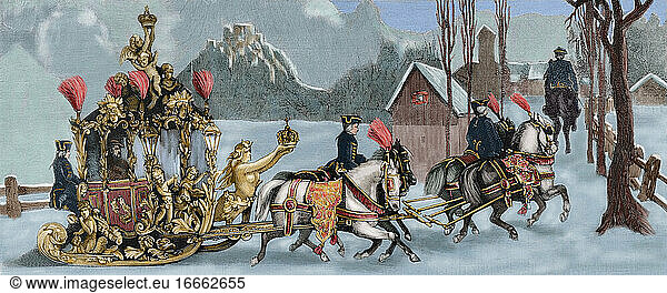 Ludwig II. von Bayern (1845-1886). König von Bayern. Der König reist im Schlitten. Kupferstich in The Spanish and American Illustration  1886. Koloriert.
