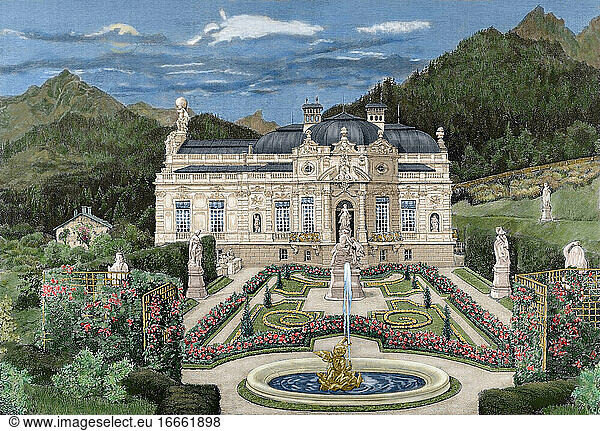 Ludwig II. von Bayern (1845-1886). König von Bayern. Schloss Linderhof. Kupferstich in The Spanish and American Illustration  1886. Koloriert.