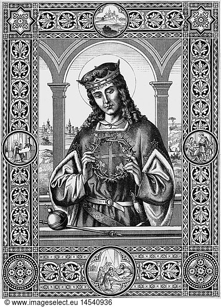 Ludwig IX. 'der Heilige'  25.4.1214 - 25.8.1270  KÃ¶nig von Frankreich 8.11.1226 - 25.8.1270  mit Dornenkrone  Halbfigur  Xylografie  Regensburg  1888