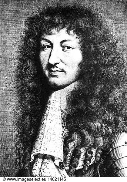 Ludwig XIV.  5.9.1638 - 1.9.1715  KÃ¶nig von Frankreich 14.5.1643 - 1.9.1715  Portrait  Kupferstich von Robert Nanteuil  1664  Detail
