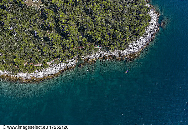 Luftaufnahme des bewaldeten Ufers der Halbinsel Istrien