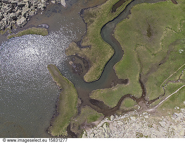 Luftaufnahme eines gewundenen Baches und eines Sees