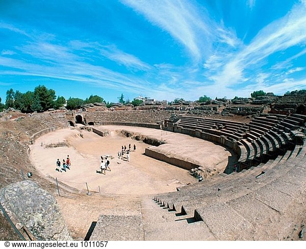 Luftbild von römischen Amphitheater. Mérida. Spanien