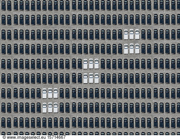 Luftbild von wenigen weißen Autos  die zwischen ausschließlich schwarzen Autos geparkt sind