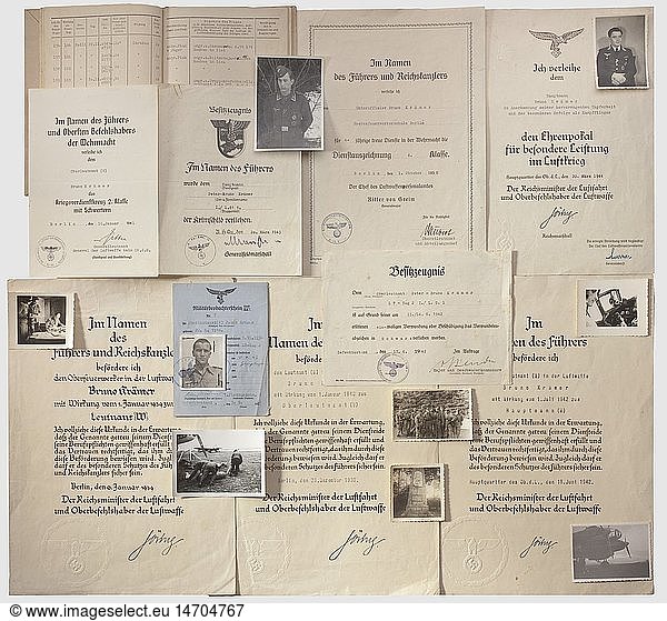 LUFTWAFFE  Nachlass RitterkreuztrÃ¤ger Peter-Bruno KrÃ¤mer  Urkunden  Leistungsbuch  Fotos I./ LG 1 und KG 4 'General Wever' Original- Urkunde zum Ehrenpokal fÃ¼r besondere Leistung im Luftkrieg vom 20.3.1944 mit Faksimileunterschrift GÃ¶ring. Besitzzeugnis fÃ¼r das Krimschild vom 20.3.1943 bei I./Lehrgeschwader 1  Verwundetenabzeichen in Schwarz vom 17.6.1942 mit Originalunterschrift von Benda. Verleihungszeugnis fÃ¼r Dienstauszeichnung 4. Klasse vom 1.10.1938 und KVK. 2. Klasse vom 16.1.1941. Drei groÃŸformatige Bestallungen zum Leutnant bis Hauptmann mit Faksimileunterschrift GÃ¶ring. Patent zum FÃ¼hren von Segelfahrzeugen der Luftwaffe. Seltenes Leistungsbuch Hauptmann KrÃ¤mers mit zahlreichen Eintragungen der FeindflÃ¼ge von 1941-44 mit insgesamt 277 EinsÃ¤tzen im Mittelmeer  Afrika und Russland. 16 militÃ¤rische Fotos. In Kopie einige Urkunden (Afrikaband  EK 1. Klasse usw.) anbei. Die Verleihung Ritterkreuz des Eisernen Kreuzes an Hauptmann Peter-Bruno KrÃ¤mer erfolgte am 15.1.1945