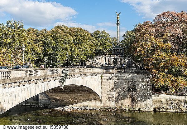 Luitpold bridge with angel of peace at the Maximiliansanlagen  Munich  Upper Bavaria  Bavaria  Germany  Europe