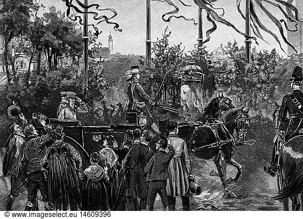 Luitpold  12.3.1821 - 12.12.1912  Prince Regent of Bavaria 1886 - 1912  scene  in his carriage  wood engraving  19th century