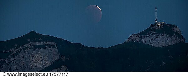 Lunar eclipse above the mountain station of Hohen Kasten  Appenzell  Switzerland  Europe
