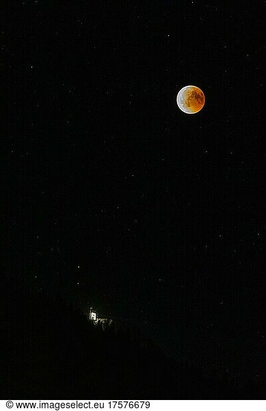 Lunar eclipse over the mountain station of the Säntisbahn  Appenzell  Alps  Switzerland  Europe