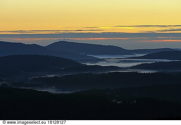 Lusen  1373 meters  view from the summit towards the Czech Republic  morning  October  Bavarian Forest National Park  Bavaria  Germany  Europe