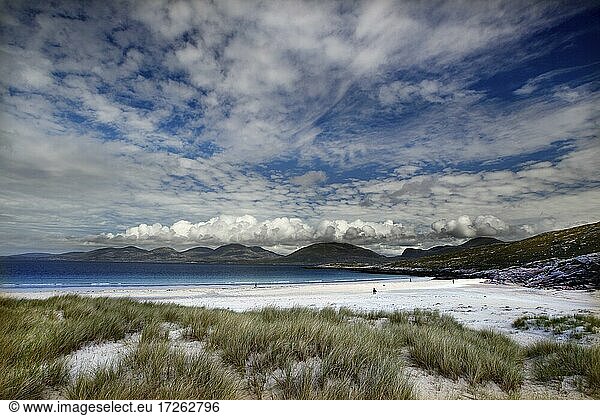 Luskentyre beach  white sand beach  dunes  dune grass  North Atlantic  sky with clouds  cloud formation  Isle of Harris  Outer Hebrides  Western Isles  Hebrides  Scotland  United Kingdom  Europe
