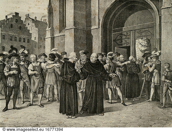Luther  Martin 
1483–1546 
German professor of theology  composer  priest  monk and a seminal figure in the Protestant Reformation. Luther nailing his Disputation on the Power and Efficacy of Indulgences (also known as Luther's 95 theses) on the door of Wittenberg Castle church on 31st October 1517. Lithograph  c.1827  by Wilhelm von Löwenstern.
(From a series of 15 lithographs with scenes from the life of Luther).
Berlin  Sammlung Archiv für Kunst und Geschichte.