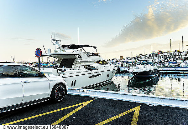 Luxury car and yachts in Jose Banus Marina  Marbella  Malaga  Sp