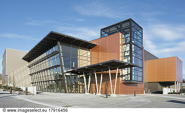 Lynnwood convention center  a modern building  public space  architecture  cantilevered walls.