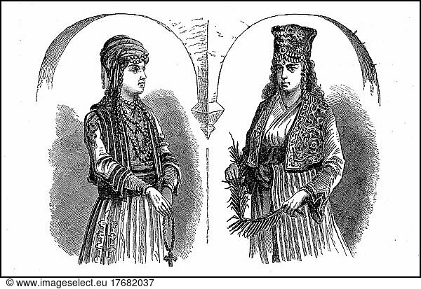 Mädchen aus Armenien  aus dem Antitaurus  Aladaglar-Gebirge  heutige Türkei  Fraün im 19. Jahrhundert  digital restaurierte Reproduktion einer Vorlage aus dem 19. Jahrhundert  Originaldatum nicht bekannt