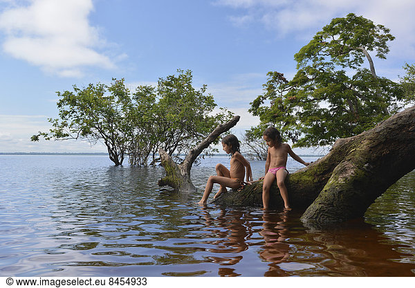 Mädchen sitzen am Baumstamm eines Urwaldriesen am Ufer des Amazonas oder Rio Solimões  Naturschutzgebiet Mamirauá  bei Tefe  Amazonas  Brasilien
