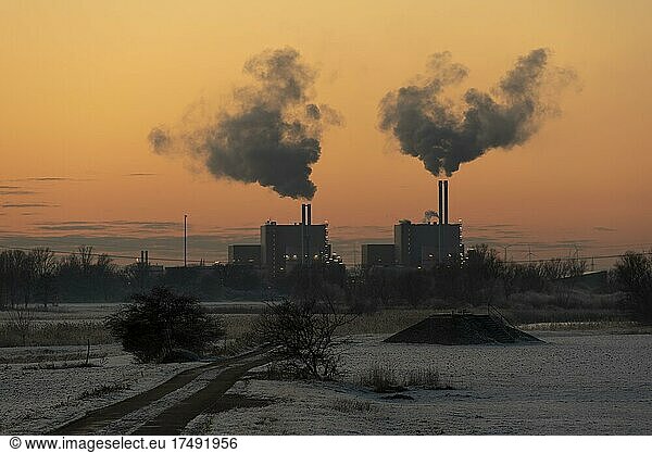 Müllheizkraftwerk  rauchende Schornsteine zum Sonnenuntergang  Magdeburg  Sachsen-Anhalt  Deutschland  Europa