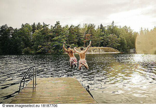 Männliche Freunde mit erhobenen Armen  die im Urlaub vom Steg in den See springen